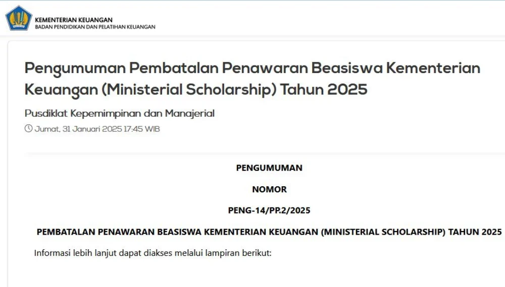 Baru Dibuka, Beasiswa Kemenkeu 2025 Resmi Dibatalkan